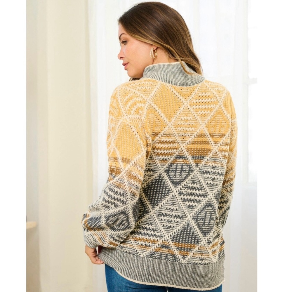 HEM & THREAD Aztec Mock Turtleneck Geometric Textured Patterned Sweater Pullover - Picture 2 of 10